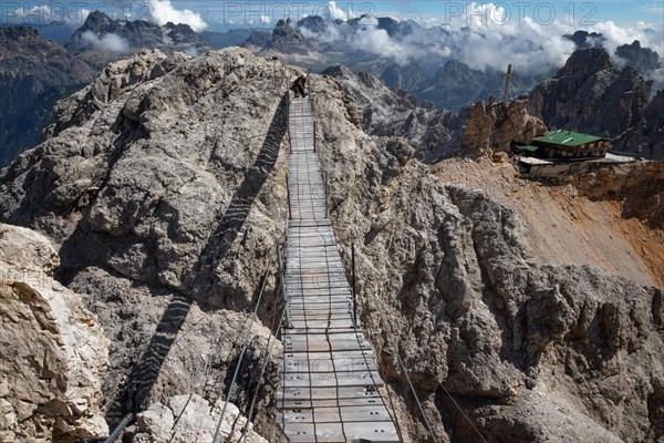 View of the famous suspension bridge and shelter in the Italian Dolomites. Dolomites, Italy, Dolomites, Italy, Europe