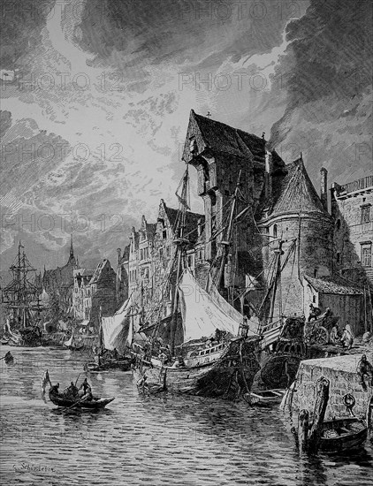 Port of Gdansk, Poland in the Middle Ages, Historical, digitally restored reproduction from a 19th century original