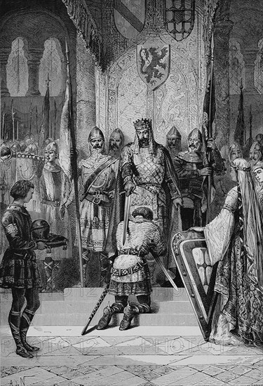 The dubbing, also known as dubbing or adoubement, was the central act in the ceremonies for conferring knighthood in the Middle Ages, Historical, digitally restored reproduction from a 19th century original