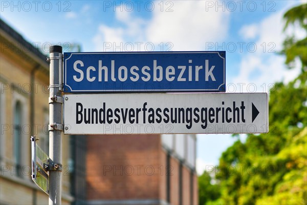 Sign pointing towards Federal Constitutional Court in Germany called Bundesverfassungsgericht in Karlsruhe, Germany, Europe