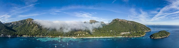 Aerial view, Spain, Balearic Islands, Port de Pollenca, Formentor Peninsula with Formentor Beach, Hotel Royal Hideaway Formentor formerly Hotel Formentor, Cala Pi de la Posada, Illa del Geret, Europe