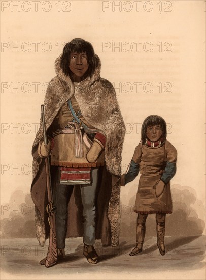 Portrait of Akaitcho, a Copper Indian, and Chief of the Yellowknives, and his son, Native American and boy, dressed in skin and fur clothing. The man holds a rifle, and both wear gloves, Historic, digitally restored reproduction of an original of the period
