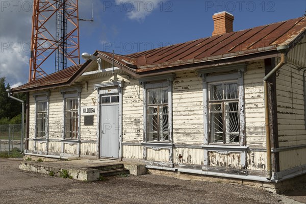 Weathered wooden house at the historic railway station in the village of Klooga, Harju County, Estonia, Europe