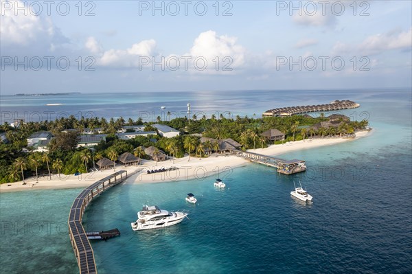 Aerial view, Hurawalhi Island resort with beaches and water bungalows, North Male Atoll, Maldives, Indian Ocean, Asia