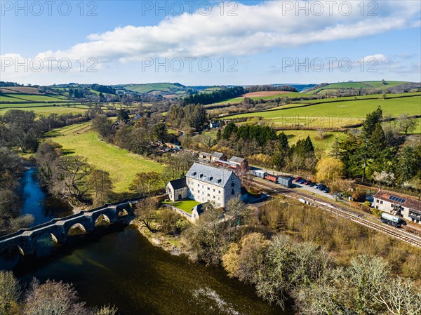 English Village from a drone, Staverton, Totnes, Devon, England, United Kingdom, Europe