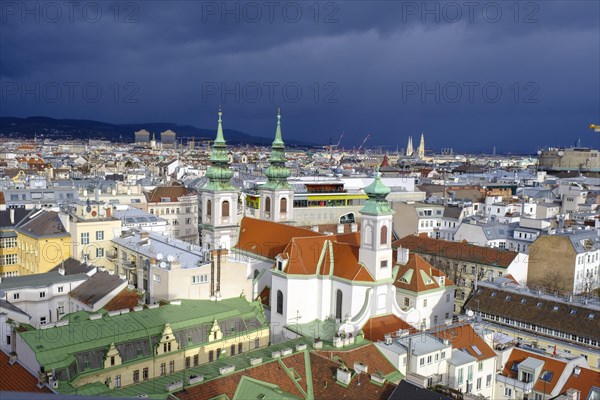 Maria Hilf Church, rain clouds, dark clouds over Vienna, view from the House of the Sea, Vienna, Austria, Europe