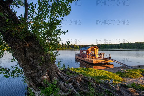 Man sitting on a houseboat, house raft, in front of the island Kiehnwerder, Breitlingsee, Brandenburg an der Havel, Havelland, Brandenburg, Germany, Europe