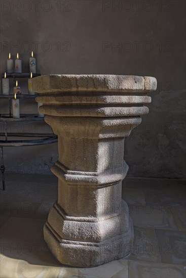 Historic baptismal font from the 16th century, in the St.Egidienkirche, Beerbach, Middle Franconia, Bavaria, Germany, Europe