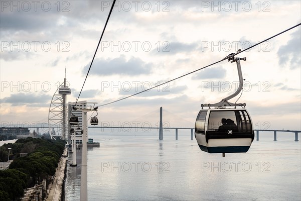 Cable car called Telecabine along Tagus River in Lisbon, the capital city of Portugal