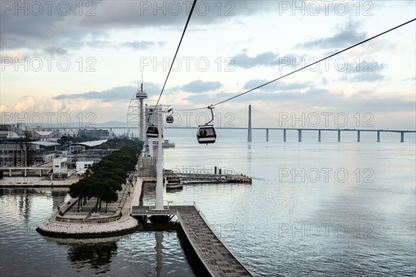 Cable car called Telecabine along Tagus River in Lisbon, the capital city of Portugal