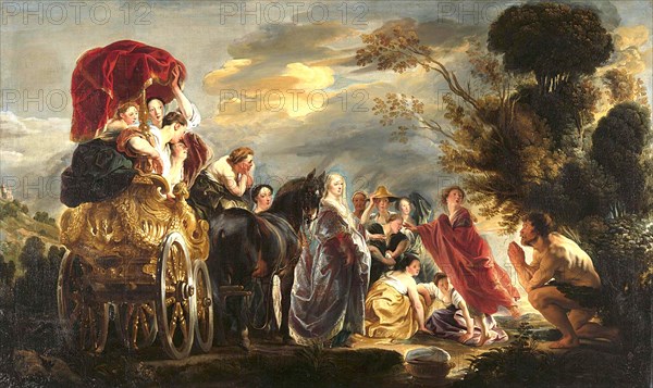 Episode from the Odyssey by Homer. Odysseus, naked and exhausted after a shipwreck, frightens the princess Nausicaa and her retinue of maidens, painting by Jacob Jordaens, Historical, digitally restored reproduction of a historical work of art