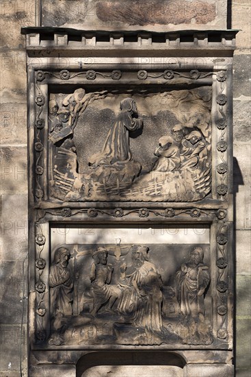 Reliefs with biblical motifs, outside the Sebaldus Church, 16th century, Nuremberg, Middle Franconia, Bavaria, Germany, Europe