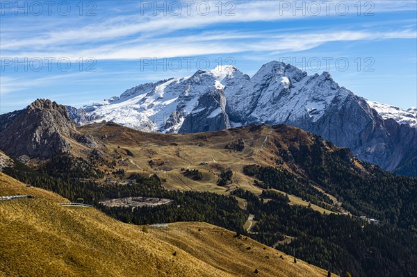 Glacier and summit of the Marmalade, view from the Sella Pass, Dolomites, South Tyrol, Italy, Europe