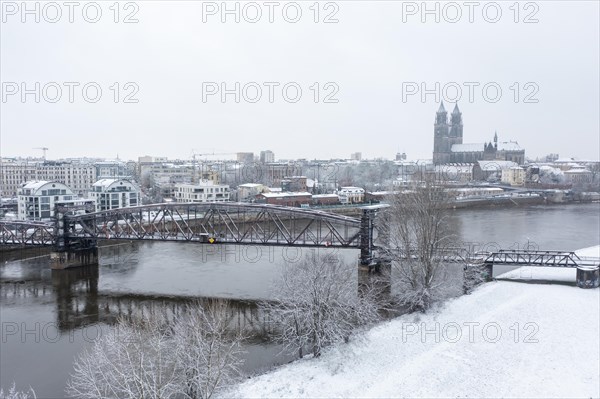 Magdeburg Cathedral in winter, in front of it lift bridge, former railway bridge, Elbe, Magdeburg, Saxony-Anhalt, Germany, Europe