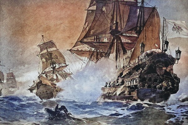The Brandenburgers attacking the Spanish treasure fleet, Island of St. Vincent, 1681, Historical, digitally restored reproduction of an original from the 19th century, exact date unknown