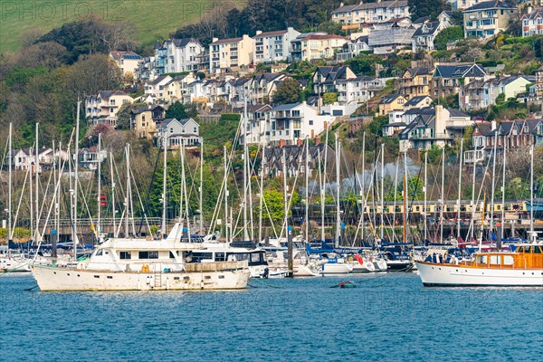 Steam Train and Boats over River Dart, Kingswear from Dartmouth, Devon, England, United Kingdom, Europe