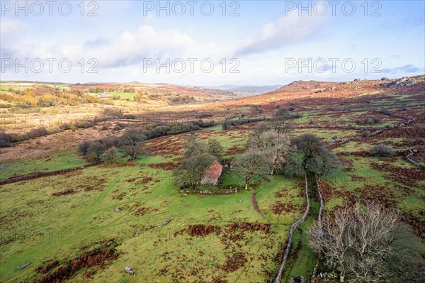 View over Emsworthy Mire from a drone, Haytor Rocks, Dartmoor National Park, Devon, England, UK