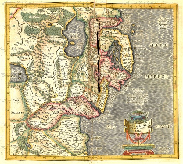 Atlas, map from 1623, Ireland and the Irish Sea, digitally restored reproduction from an engraving by Gerhard Mercator, born as Gheert Cremer, 5 March 1512, 2 December 1594, geographer and cartographer