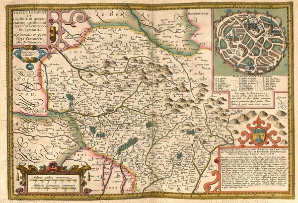 Atlas, map from 1623, Lemovici, France with city of Limoges, digitally restored reproduction from an engraving by Gerhard Mercator, born as Gheert Cremer, 5 March 1512, 2 December 1594, geographer and cartographer