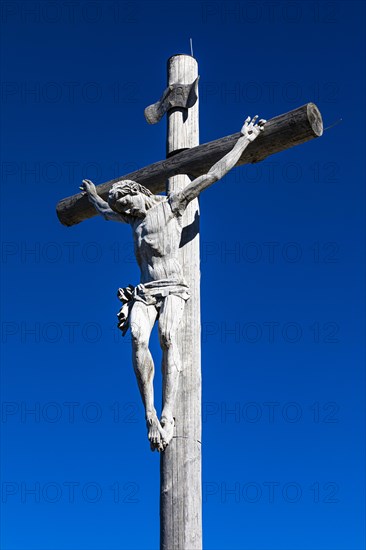 Carved summit cross on the Seceda peak, Val Gardena, Dolomites, South Tyrol, Italy, Europe