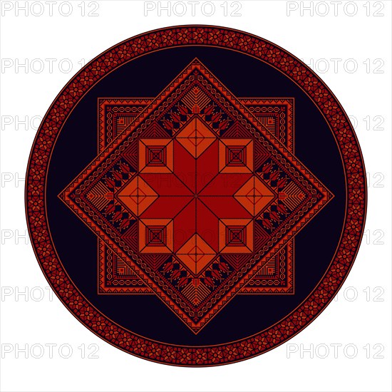 Decorative round Palestinian Tatreez design element over white background, vector illustration