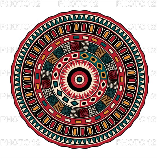 Decorative round tribal design element over white background, vector illustration