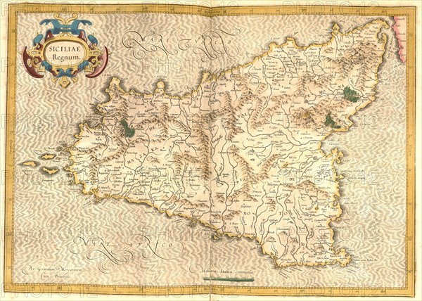 Atlas, map from 1623, Sicily, Italy, digitally restored reproduction from an engraving by Gerhard Mercator, born as Gheert Cremer, 5 March 1512, 2 December 1594, geographer and cartographer, Europe