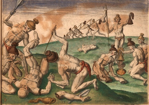 Scene from the aftermath of the war. Native Americans scalp fallen enemies, dry the scalps over a fire and mutilate the corpses. Includes war clubs, arrows and knives, Historic, digitally restored reproduction of an original from the period