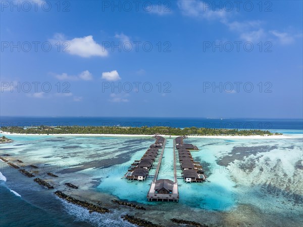 Aerial View, Paradise Island with Water Bungalows, Indian Ocean, Lankanfushi, North Male Atoll, Maldives, Asia