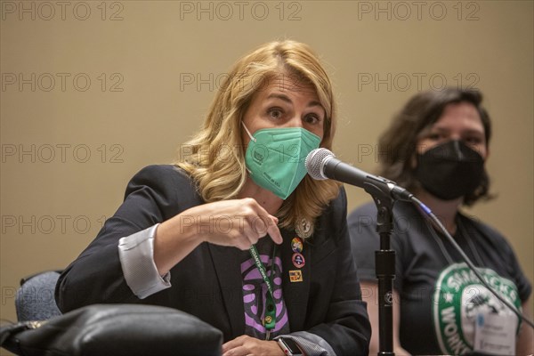 Chicago, Illinois, Sara Nelson, president of the Association of Flight Attendants, speaks to union activists at the 2022 Labor Notes conference. Four thousand rank and file unionists from across the United States and beyond attended the conference, discussing how to continue and expand the current upsurge in the labor movement