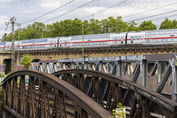 InterCity IC of Deutsche Bahn AG to Zurich on the Gaeubahn, double-decker train on viaduct at Nordbahnhof Stuttgart, Baden-Wuerttemberg, Germany, Europe