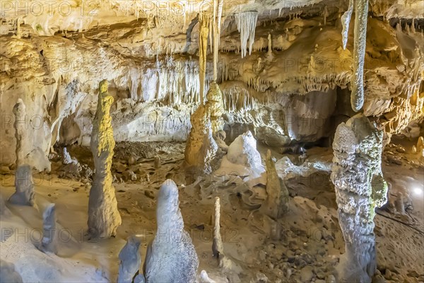 Baerenhoehle, with around 8, 000 visitors a year, the dripstone cave is the most visited show cave in the Swabian Alb, Sonnenbuehl, Baden-Wuerttemberg, Germany, Europe