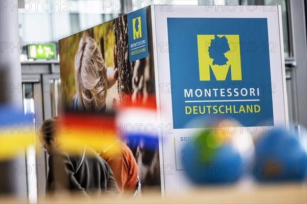 Exhibition stand Montessori Pedagogy. The trade fair Didacta is Europes largest education trade fair, target groups are teachers and trainers at kindergartens, schools and universities. Stuttgart, Baden-Wuerttemberg, Germany, Europe