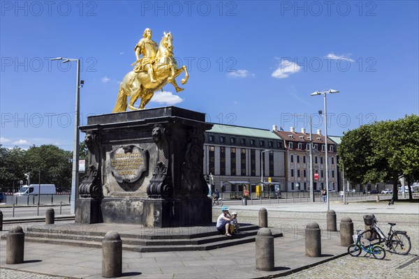 Golden Rider, August the Strong as a golden equestrian statue at the end of the main street on Neustaedter Markt, Dresden, Saxony, Germany, Europe