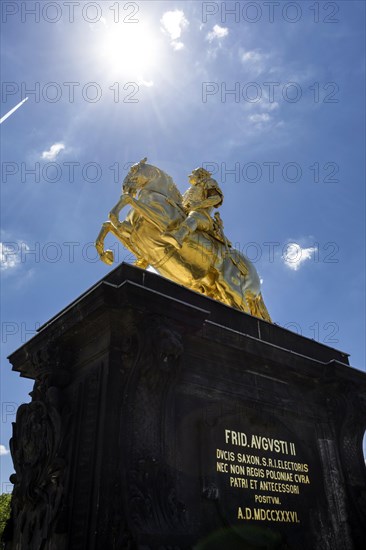 Golden Rider, August the Strong as a golden equestrian statue at the end of the main street on Neustaedter Markt, Dresden, Saxony, Germany, Europe