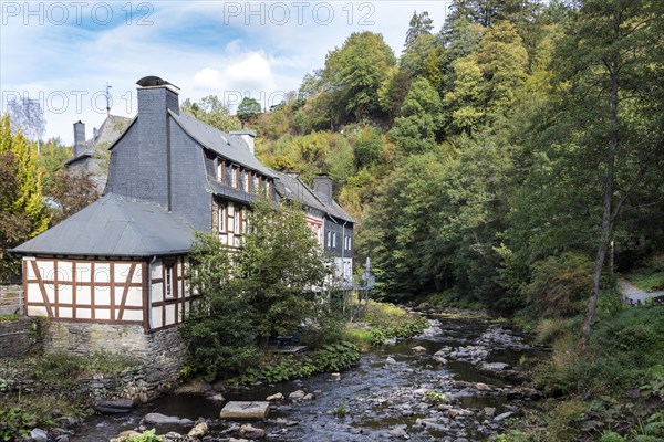 Half-timbered house on the Rur, Monschau, North Rhine-Westphalia, North Rhine-Westphalia, Germany, Europe