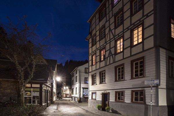 Historic old town on the Rur in the evening, half-timbered houses, Monschau, North Rhine-Westphalia, North Rhine-Westphalia, Germany, Europe