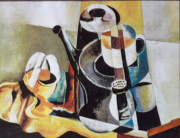 Oil Painting by Volker von Mallinckrodt in Cubist Style, Cubism, Breakfast, Coffee Pot, Coffee Cup, Salt Barrel, Egg Cup