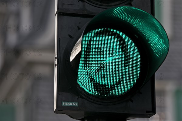 Green Engels traffic light at the Engels House, the birthplace of Friedrich Engels, historic centre, Wuppertal, North Rhine-Westphalia, Germany, Europe