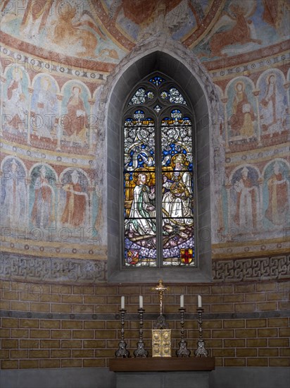 Church windows and apse paintings from the late 11th century in the Catholic parish church of St. Peter and Paul, former collegiate church, Romanesque columned basilica, Unesco World Heritage Site, Niederzell on the island of Reichenau in Lake Constance, Constance district, Baden-Wuerttemberg, Germany, Europe