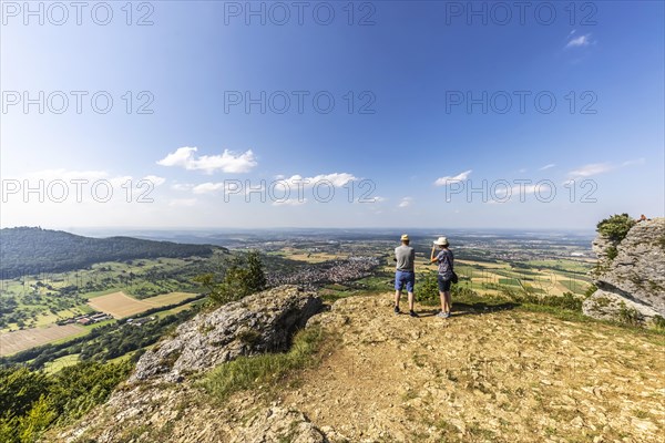 View from Breitenstein, rock plateau on the northern edge of the Swabian Alb, Bissingen an der Teck, Baden-Wuerttemberg, Germany, Europe