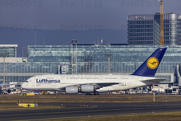 Lufthansa Airbus A380-800 with the name Germany, taxiway at the airport terminal, Frankfurt am Main, Hesse, Germany, Europe