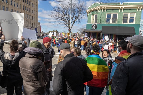 Royal Oak, Michigan USA, 11 March 2023, A small group of conservative Republicans protesting the Sidetrack Bookshops Drag Queen Story Hour were outnumbered by many hundreds of counter-protesters supporting the LGBTQ community