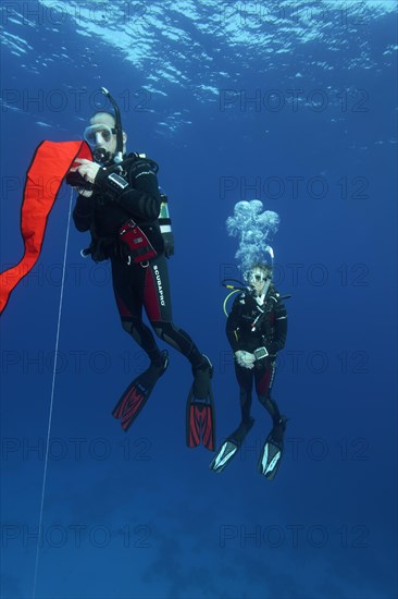 Diver, diver, exercise, setting the safety buoy, 2nd stage of regulator to give air into safety buoy, Red Sea, Hurghada, Egypt, Africa