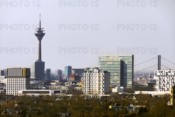 View of the city centre of the state capital Duesseldorf, with Rheinturm, Dreischeibenhaus and Mannesmannhochhaus, Duesseldorf, North Rhine-Westphalia, Germany, Europe