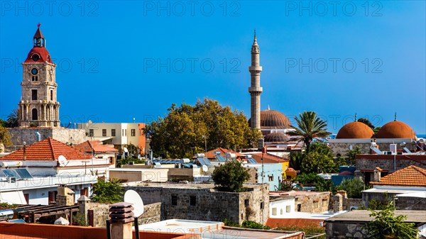 View of Clock Tower and Sueleyman Pasha Mosque, Roloi, 7th c., Rhodes Town, Greece, Europe