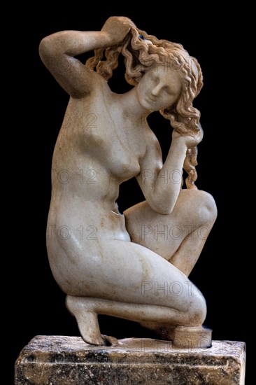 Small marble statue of Crouching Aphrodite from the Bath, known as Venus of Rhodes, 100 BC, Archaeological Museum in the former Order Hospital of the Knights of St John, 15th century, Old Town, Rhodes Town, Greece, Europe
