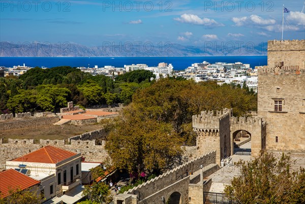 Beginning of the city wall at the Grand Masters Palace, up to 12 metres thick with gates enclosing the entire old town, Rhodes Town, Greece, Europe
