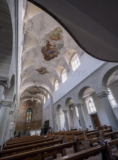 Interior with painted ceiling vault of the Catholic parish church of St. Peter and Paul, former collegiate church, Romanesque columned basilica, Unesco World Heritage Site, Niederzell on the island of Reichenau in Lake Constance, Constance district, Baden-Wuerttemberg, Germany, Europe