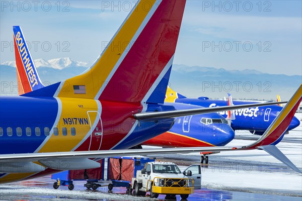 Denver, Colorado, Southwest Airlines jets on the ground after a snowstorm at Denver International Airport